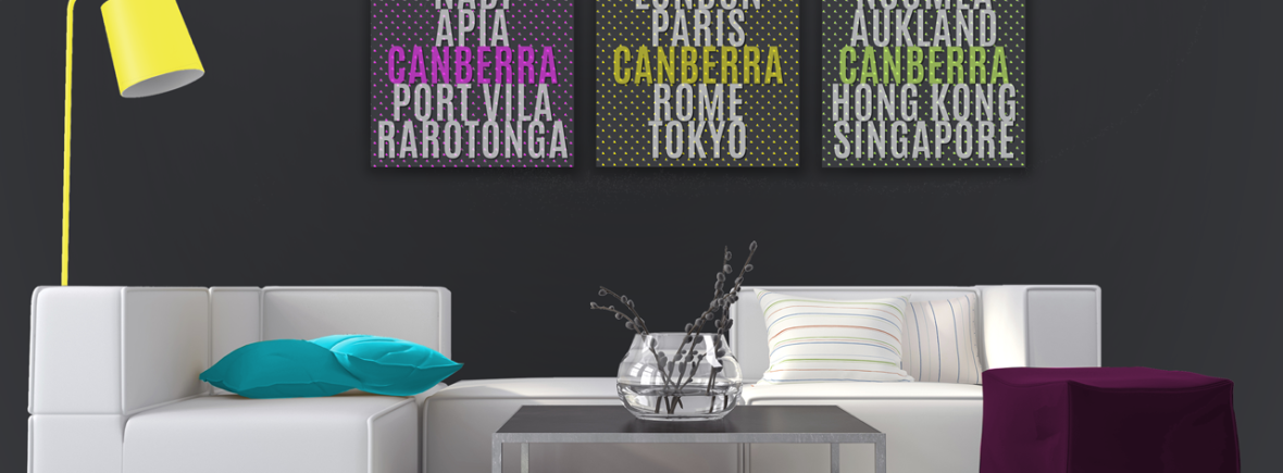 Photograph of lounge room with 3 posters showing cities I have visited